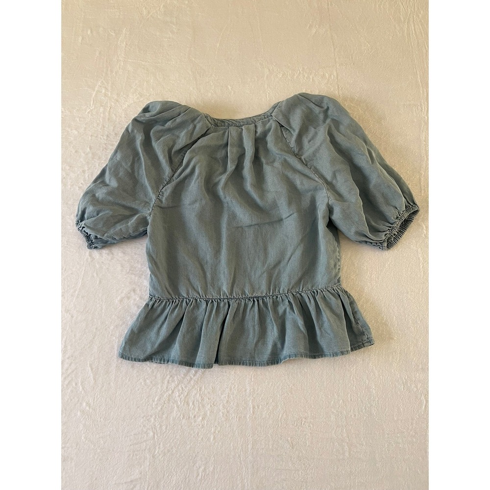 DKNY Front Zip Peplum Chambray Top Womens S Blue Puff Sleeve Lyocell Blouse - Picture 7 of 16
